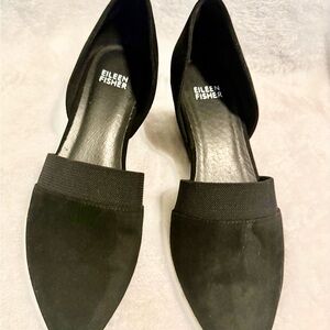 Eileen Fisher Black Suede Pointed D'Orsay Stacked Heels